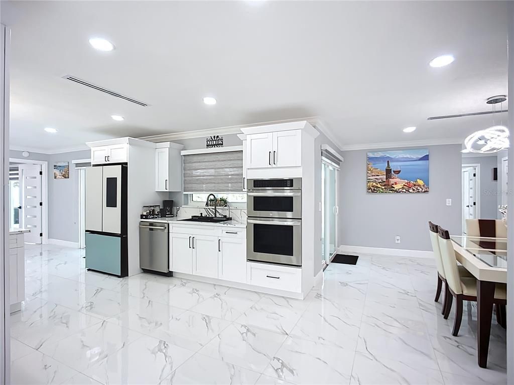 Dining room, Interior, Kitchen, Marble, Recessed Lighting, Stainless Steel Appliances