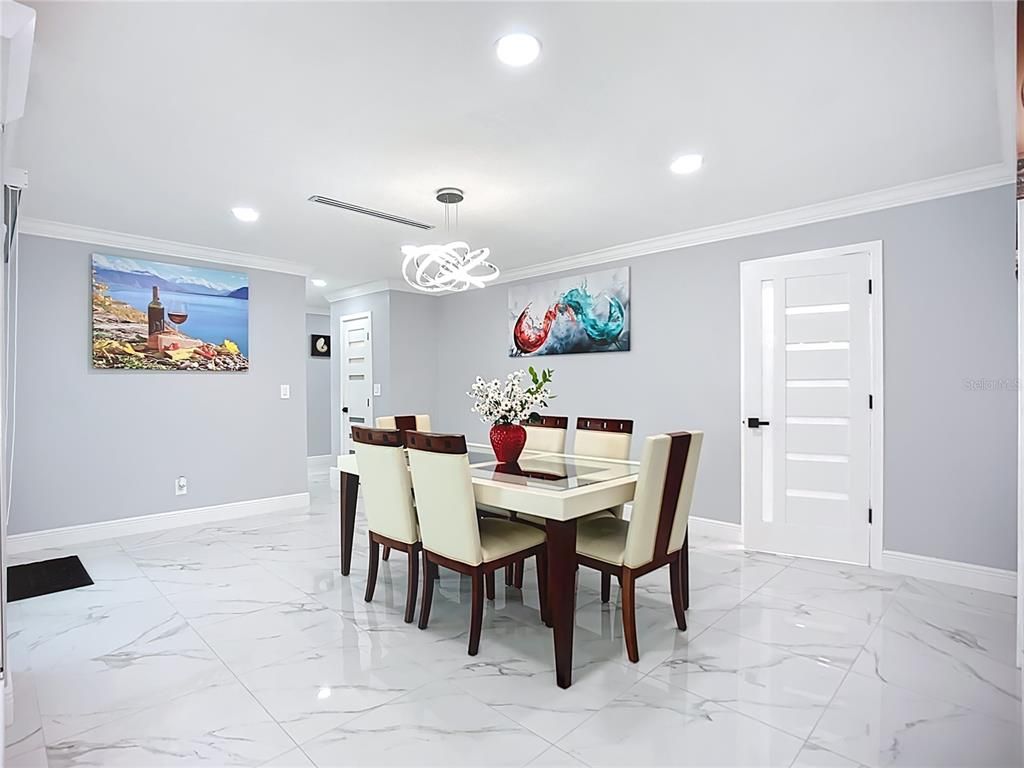 Dining room, Interior, Marble, Pendant Lights, Recessed Lighting