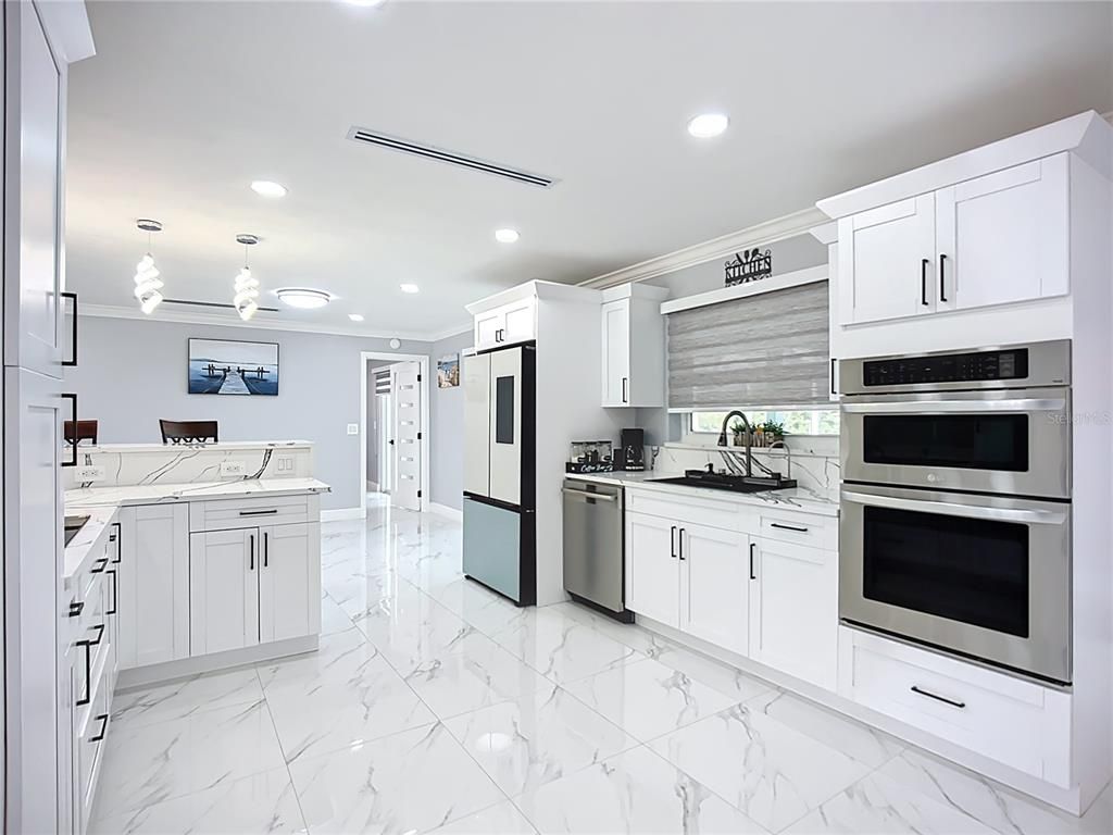 Interior, Kitchen, Marble, Pendant Lights, Recessed Lighting, Stainless Steel Appliances