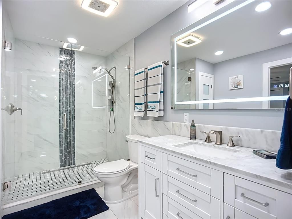 Bathroom, Glass Shower, Interior, Marble, Marble Walls, Recessed Lighting