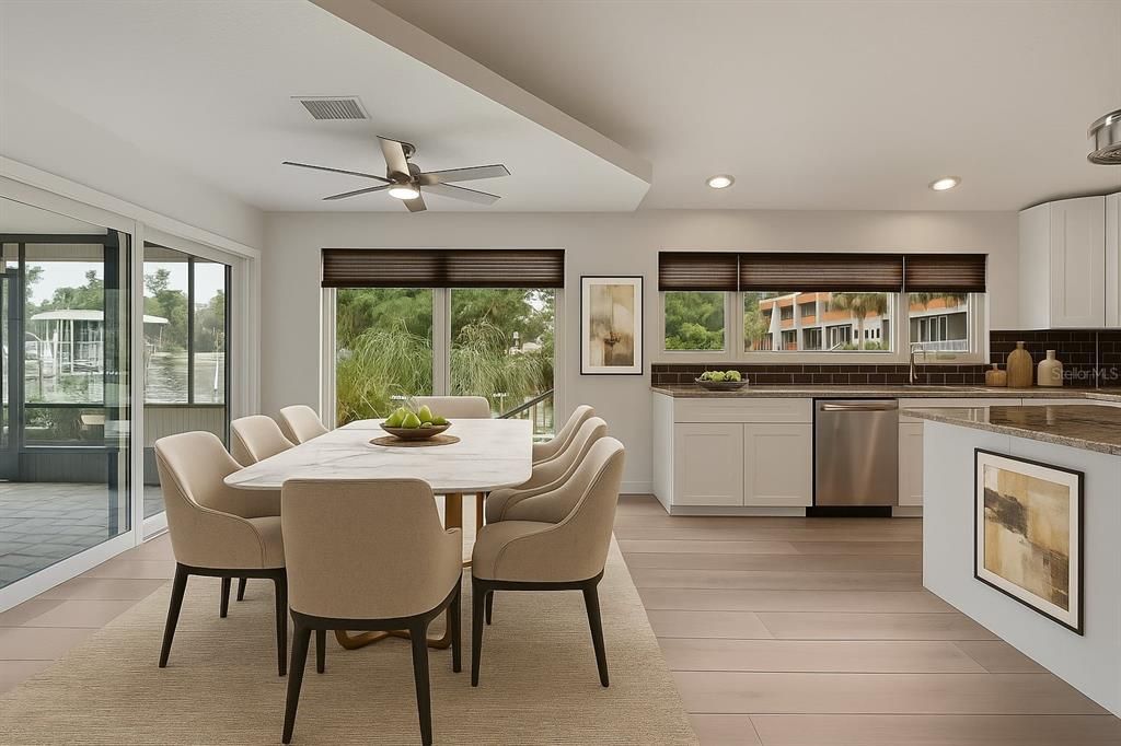 Dining room, Interior, Kitchen, Recessed Lighting, Wood Texture Flooring
