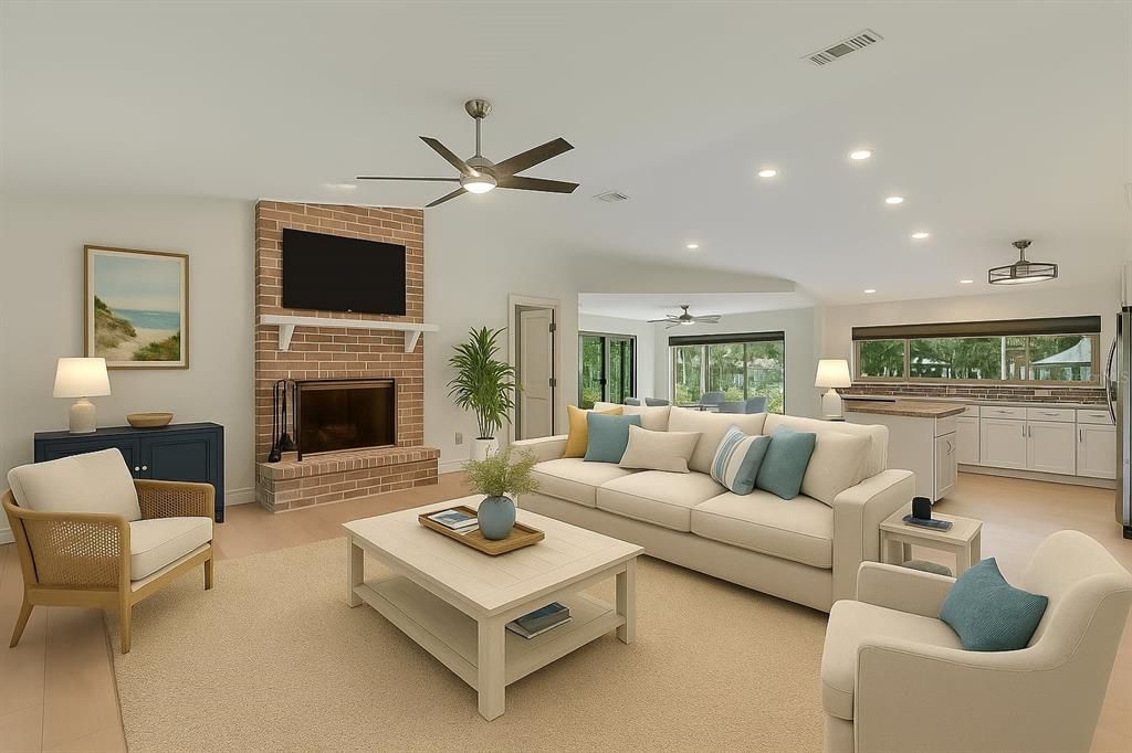 Fireplace, Interior, Living room, Recessed Lighting, Stone Walls