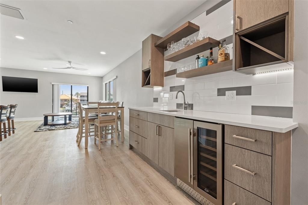 Dining room, Interior, Kitchen, Recessed Lighting, Stainless Steel Appliances, Wood Texture Flooring
