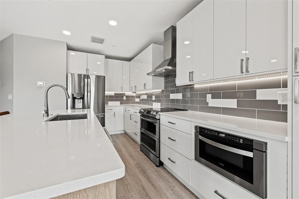 Interior, Kitchen, Recessed Lighting, Stainless Steel Appliances, Wood Texture Flooring