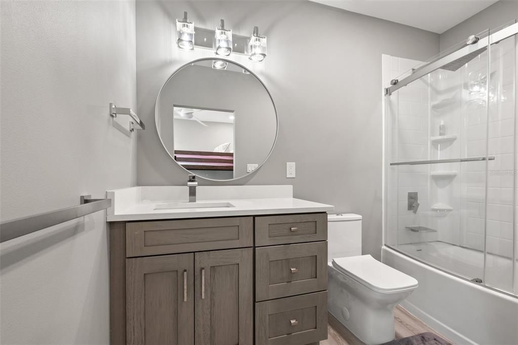 Bathroom, Glass Shower, Interior, Wood Texture Flooring