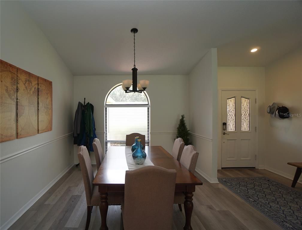 Dining room, Interior, Pendant Lights, Recessed Lighting, Wood Texture Flooring