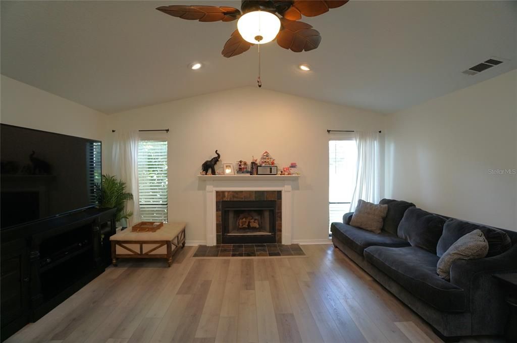 Fireplace, Interior, Recessed Lighting, Wood Texture Flooring