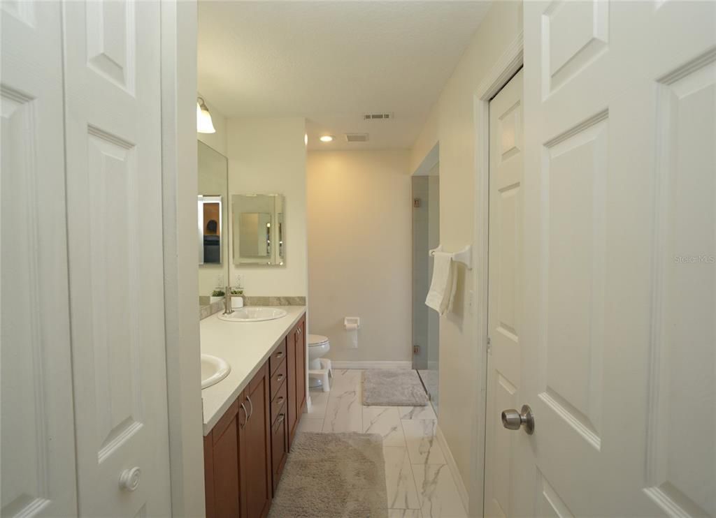 Bathroom, Dual Sink Vanities, Interior, Marble, Recessed Lighting