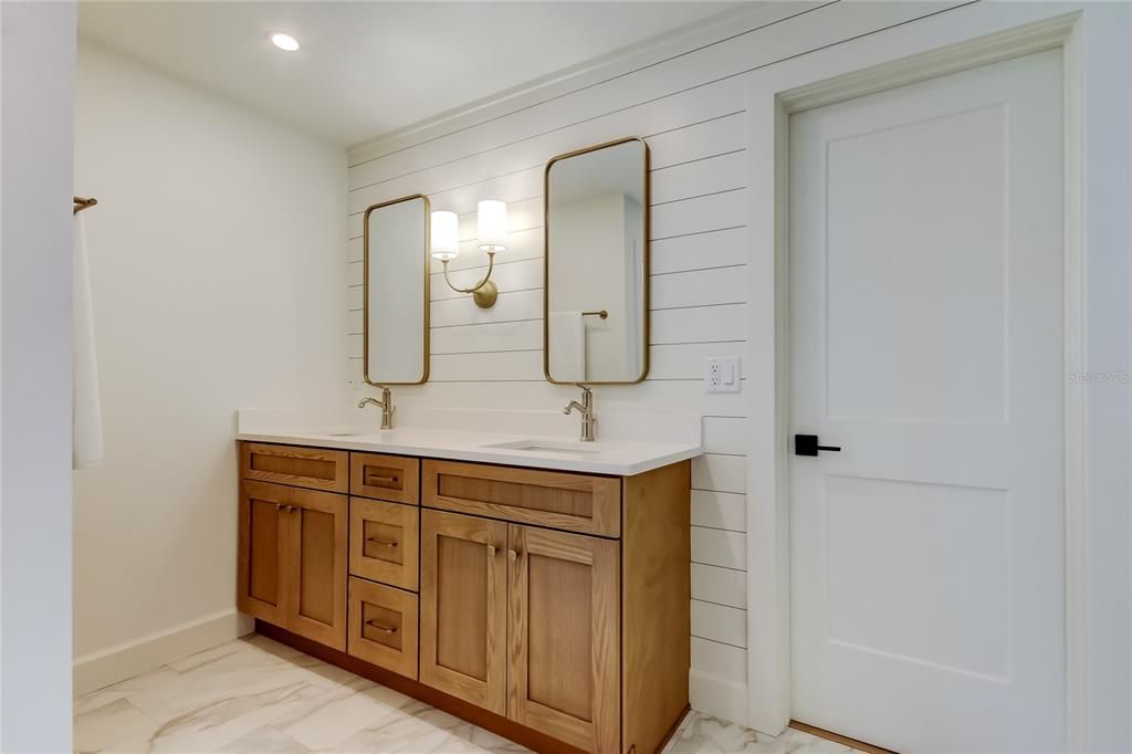 Bathroom, Dual Sink Vanities, Interior, Marble, Recessed Lighting