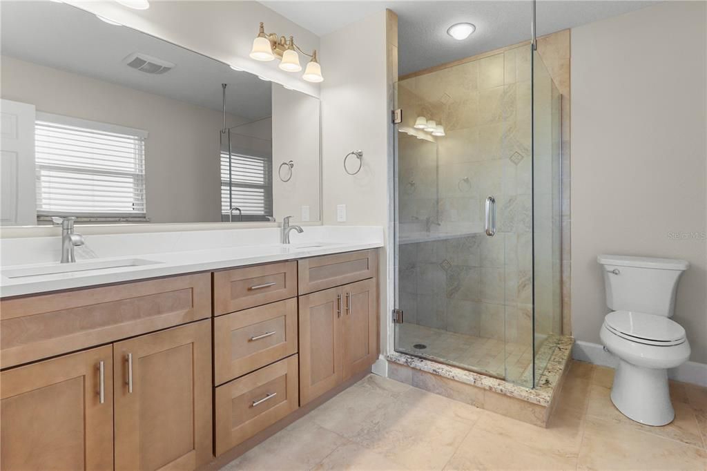 Bathroom, Dual Sink Vanities, Glass Shower, Interior, Recessed Lighting