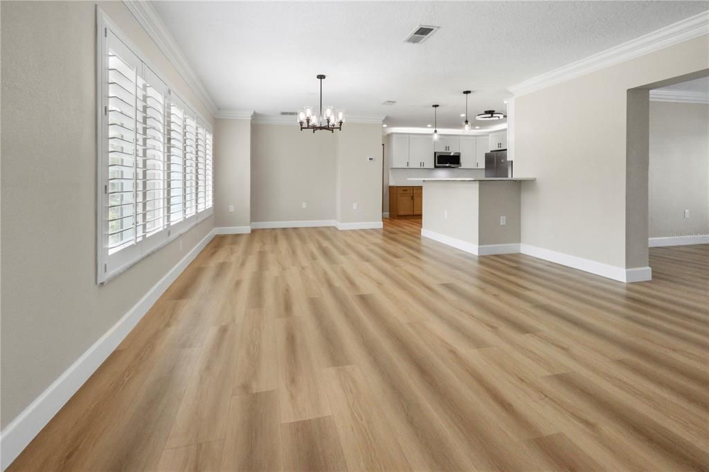 Chandelier, Empty room, Interior, Kitchen, Pendant Lights, Wood Texture Flooring