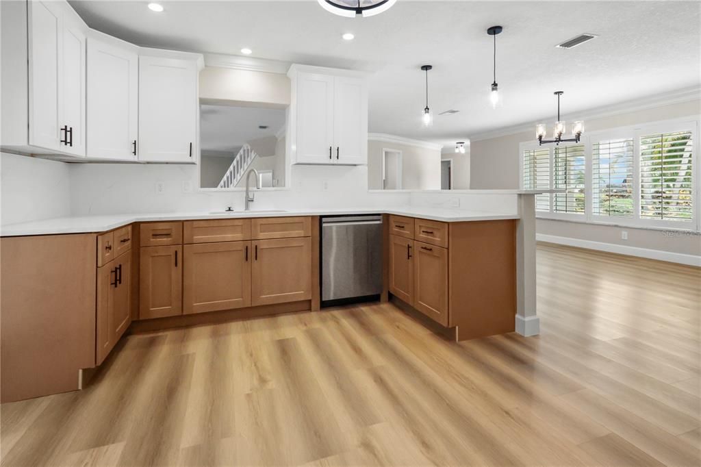 Interior, Kitchen, Pendant Lights, Recessed Lighting, Stainless Steel Appliances, Wood Texture Flooring