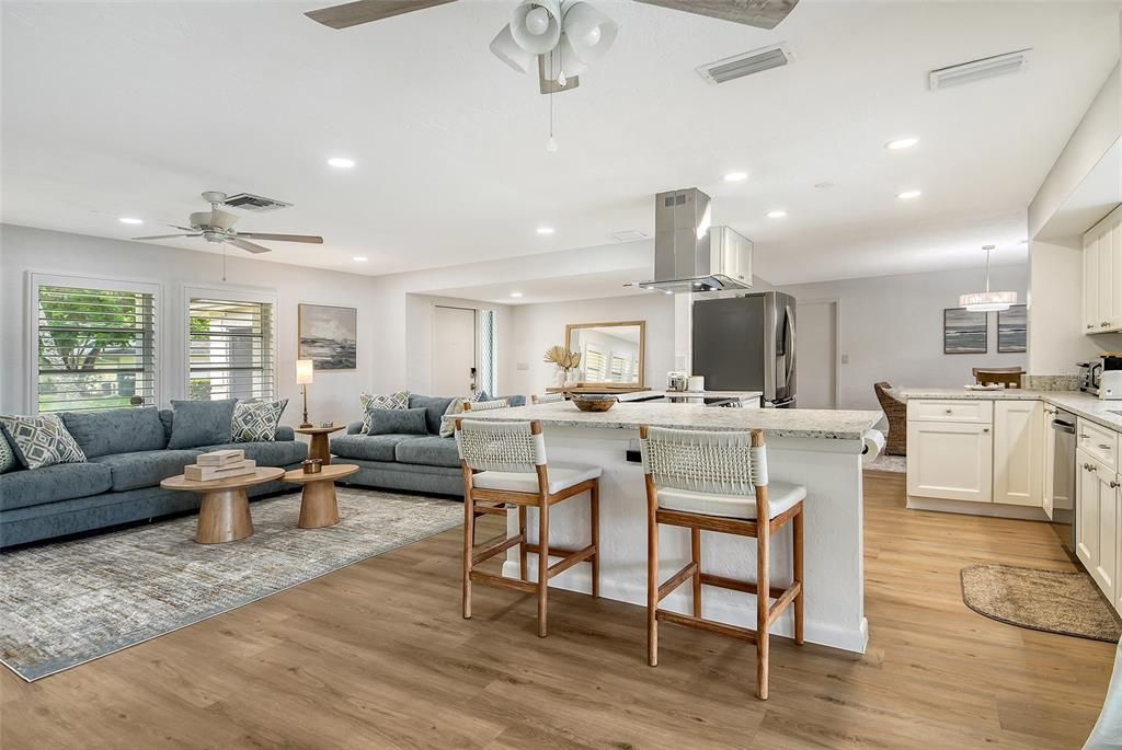 Interior, Kitchen, Living room, Pendant Lights, Recessed Lighting, Stainless Steel Appliances, Wood Texture Flooring
