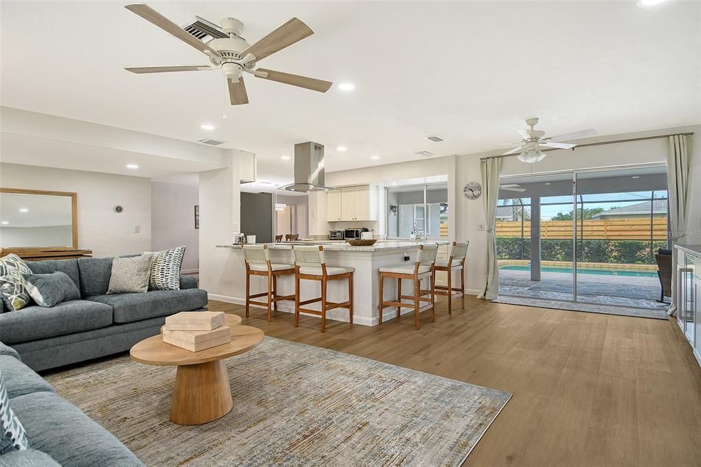 Interior, Kitchen, Living room, Recessed Lighting, Wood Texture Flooring
