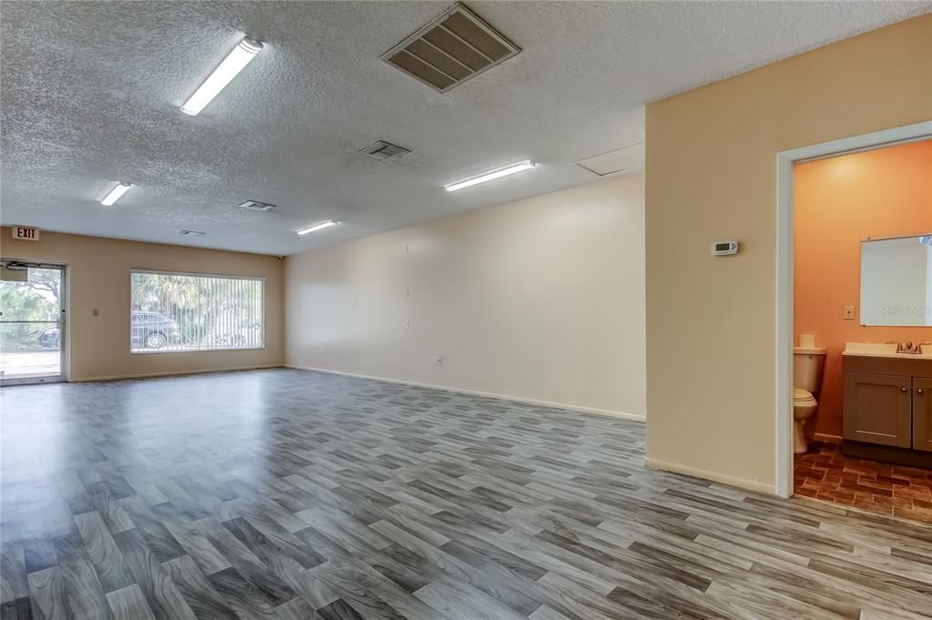 Bathroom, Empty room, Interior, Recessed Lighting, Wood Texture Flooring