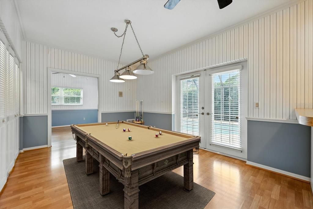 Billiard Table, Game Room, Interior, Pendant Lights, Wood Texture Flooring