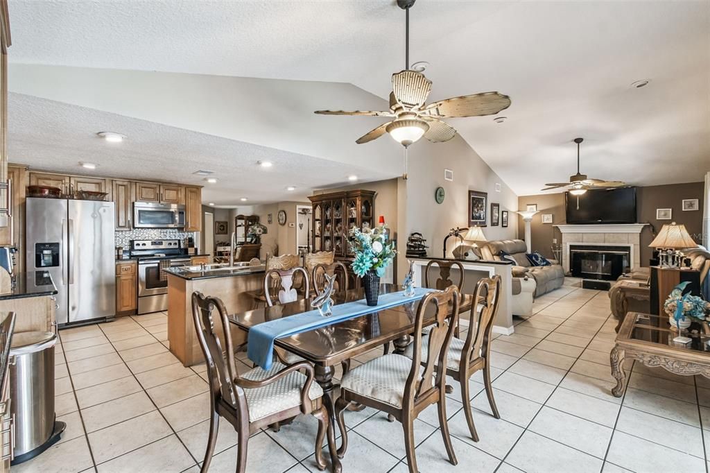 Dining room, Fireplace, Interior, Kitchen, Living room, Recessed Lighting, Stainless Steel Appliances