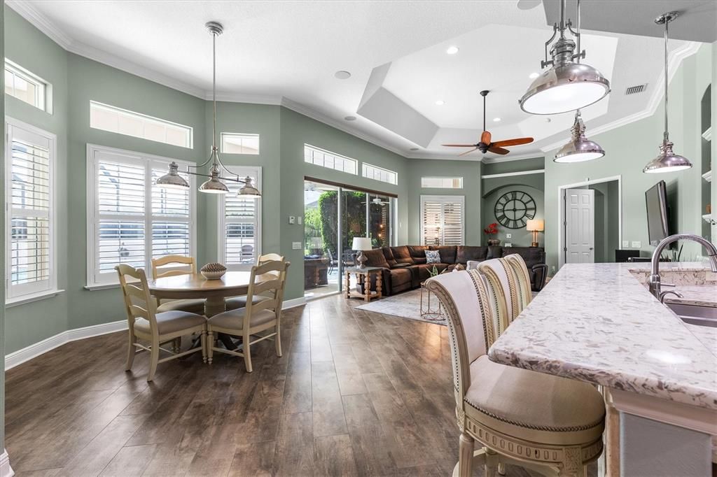 Dining room, Interior, Living room, Pendant Lights, Recessed Lighting, Wood Texture Flooring
