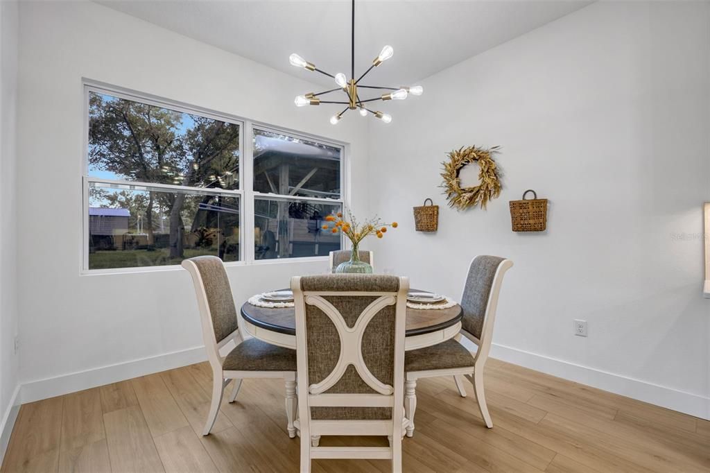 Dining room, Interior, Pendant Lights, Wood Texture Flooring