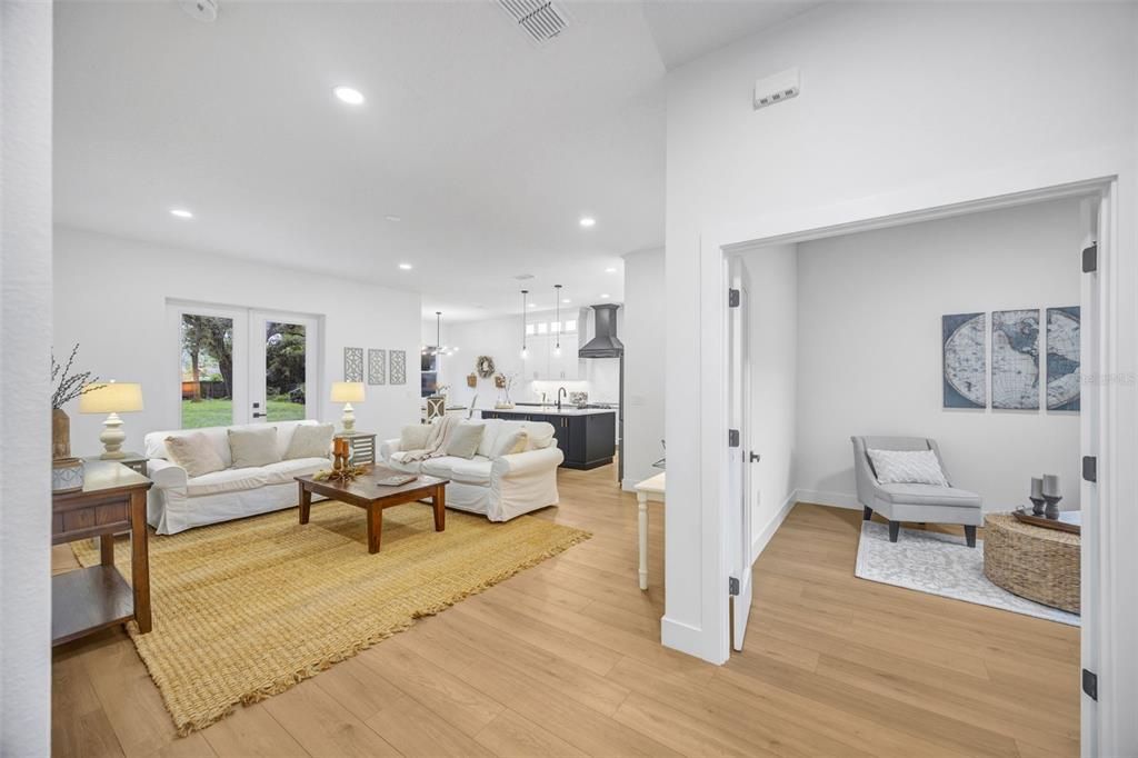 Interior, Kitchen, Living room, Pendant Lights, Recessed Lighting, Wood Texture Flooring