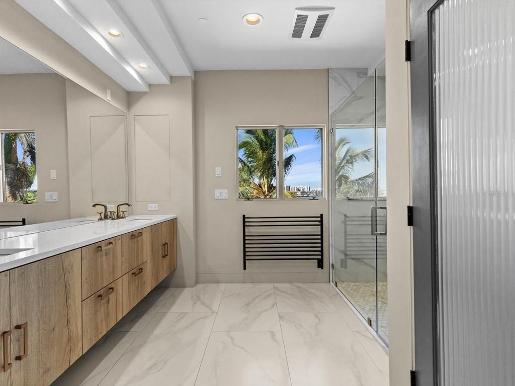 Bathroom, Dual Sink Vanities, Glass Shower, Interior, Marble, Recessed Lighting