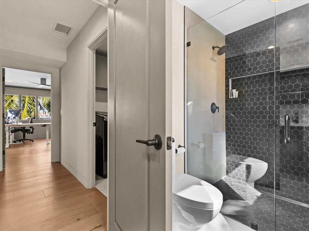 Bathroom, Glass Shower, Interior, Wood Texture Flooring