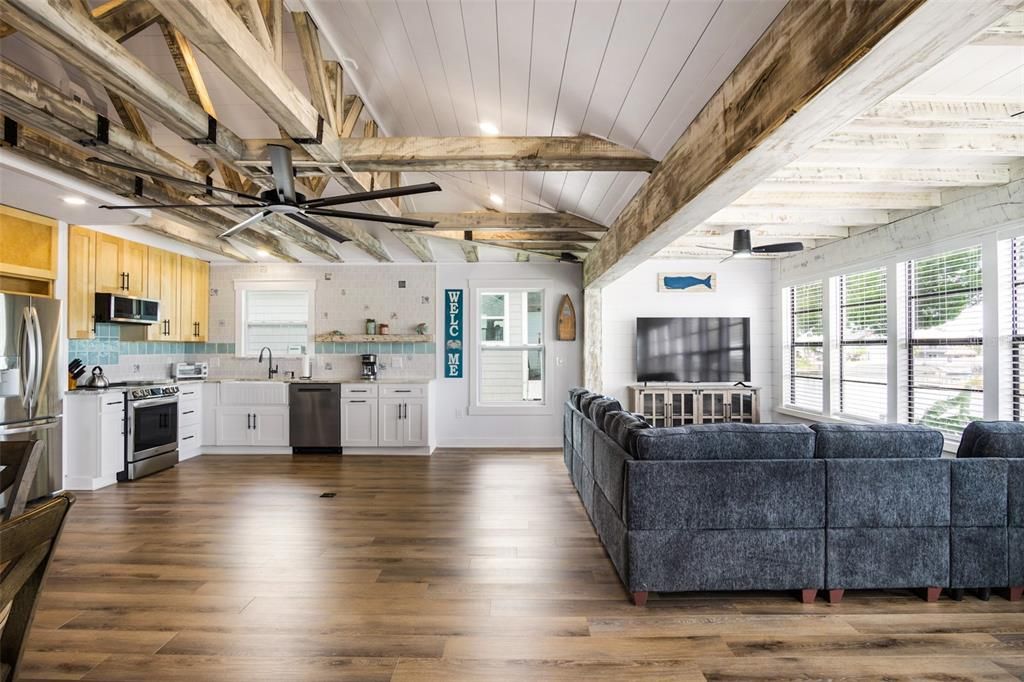 Interior, Kitchen, Living room, Stainless Steel Appliances, Wooden Beams, Wood Texture Flooring