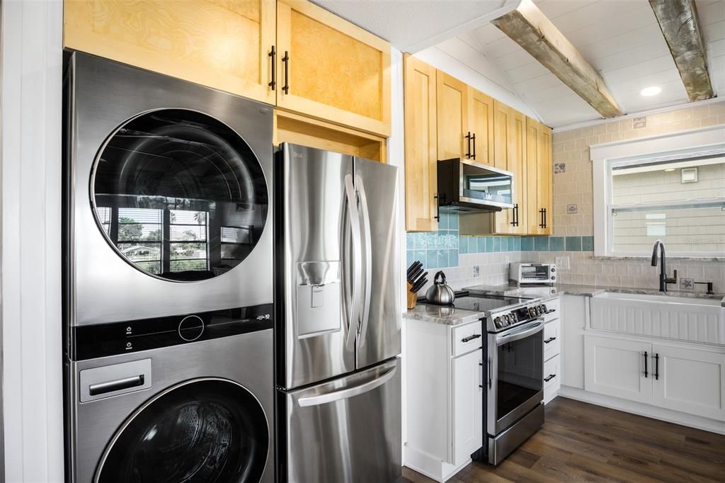 Interior, Kitchen, Recessed Lighting, Stainless Steel Appliances, Washer, Wooden Beams, Wood Texture Flooring