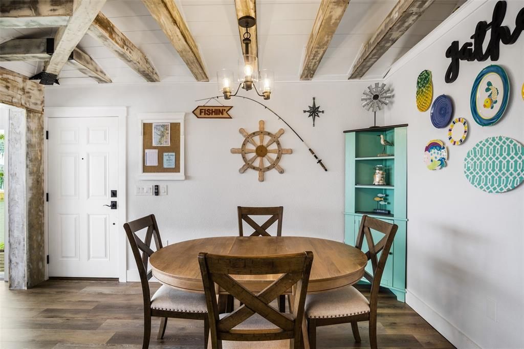 Chandelier, Dining room, Interior, Wooden Beams, Wood Texture Flooring