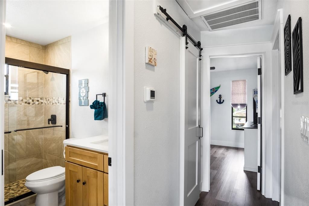 Bathroom, Glass Shower, Interior, Wood Texture Flooring