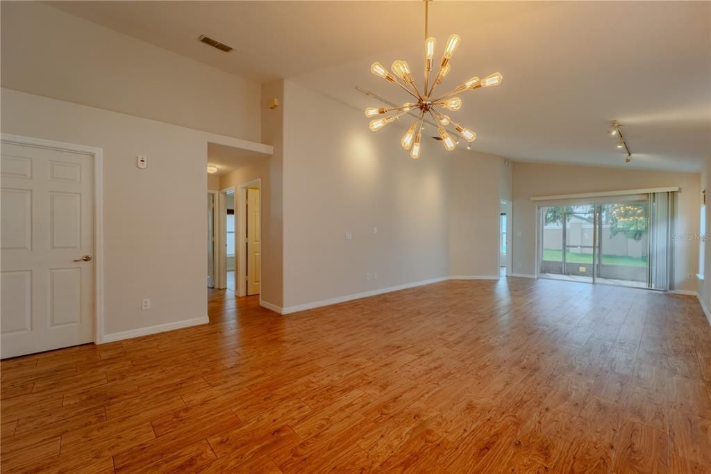 Empty room, Interior, Pendant Lights, Wood Texture Flooring