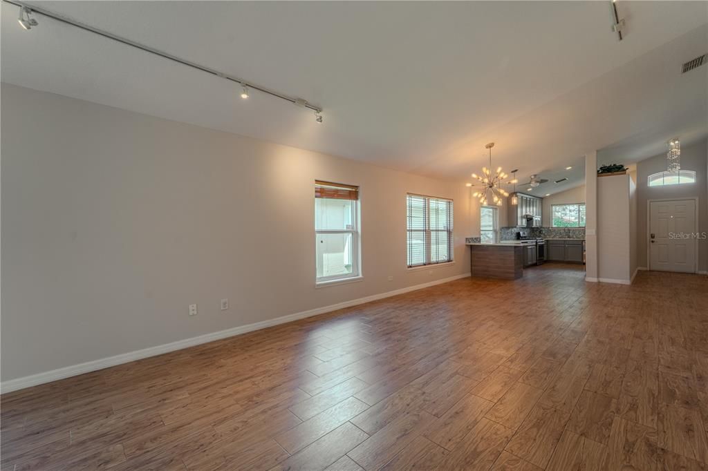 Empty room, Interior, Kitchen, Pendant Lights, Wood Texture Flooring