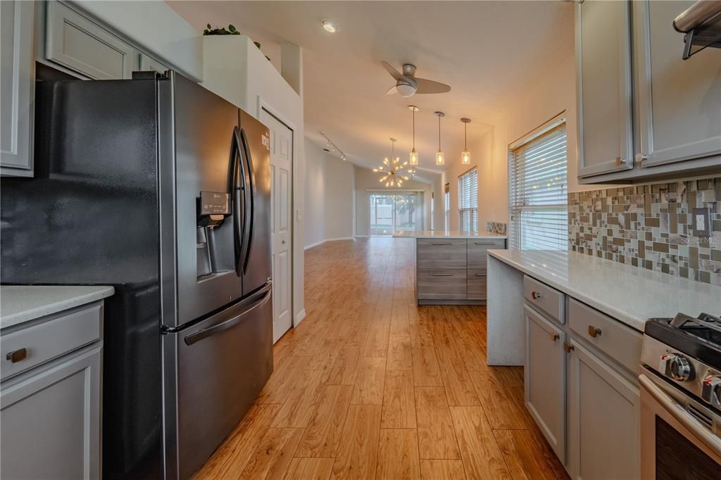 Interior, Kitchen, Pendant Lights, Stainless Steel Appliances, Wood Texture Flooring
