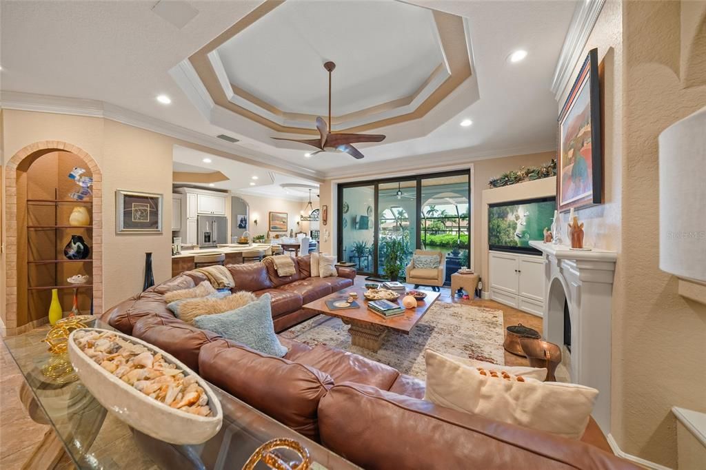 Fireplace, Interior, Kitchen, Living room, Recessed Lighting