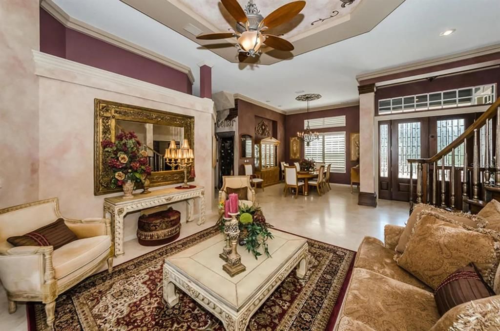 Chandelier, Dining room, Fireplace, Interior, Living room, Recessed Lighting