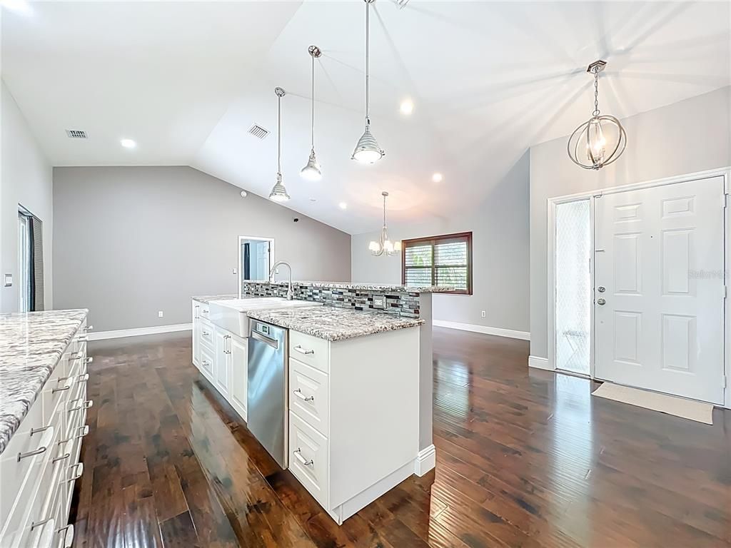 Chandelier, Interior, Kitchen, Pendant Lights, Recessed Lighting, Wood Texture Flooring