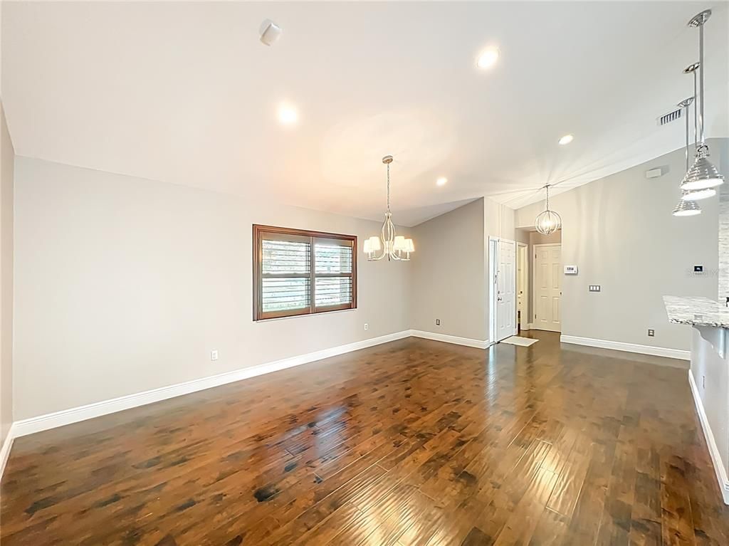 Empty room, Interior, Pendant Lights, Recessed Lighting, Wood Texture Flooring