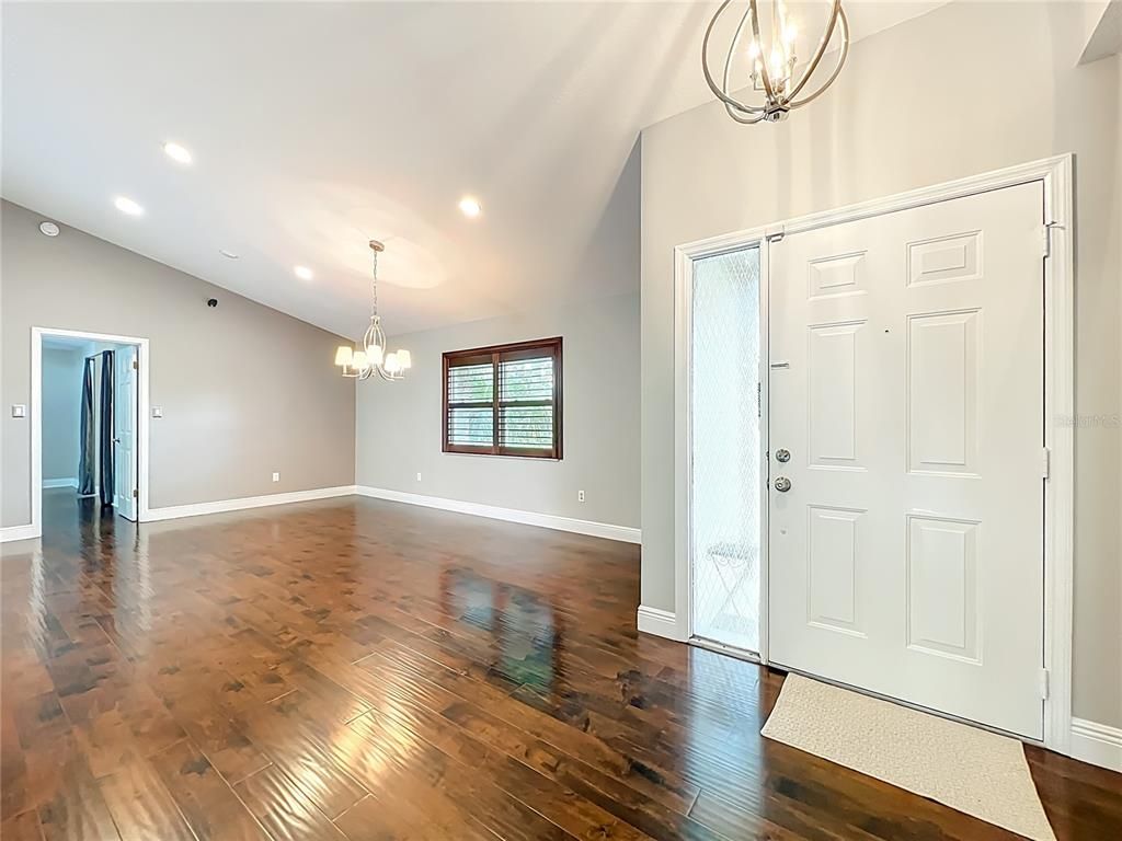 Chandelier, Empty room, Interior, Pendant Lights, Recessed Lighting, Wood Texture Flooring