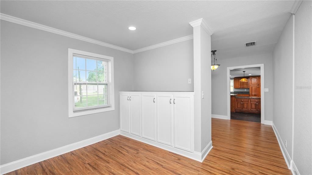 Empty room, Interior, Kitchen, Pendant Lights, Recessed Lighting, Wood Texture Flooring