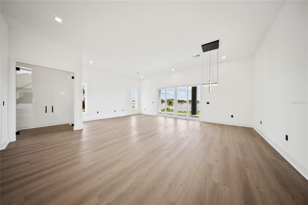 Empty room, Interior, Pendant Lights, Recessed Lighting, Wood Texture Flooring