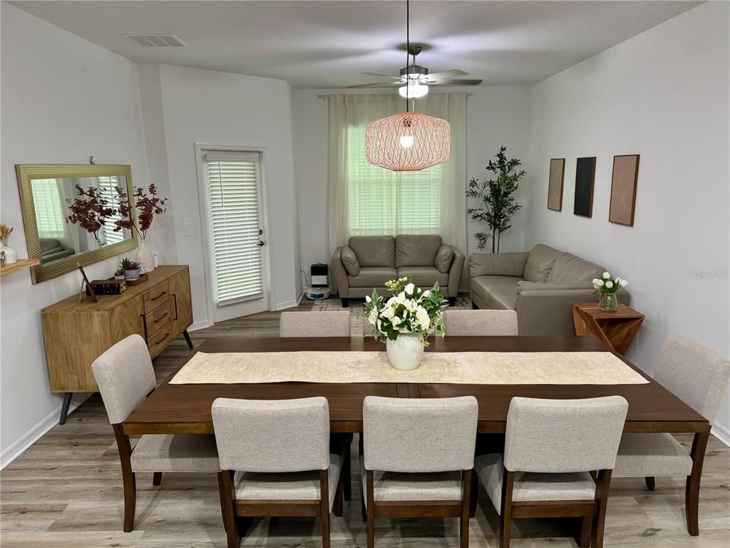 Dining room, Interior, Living room, Pendant Lights, Wood Texture Flooring