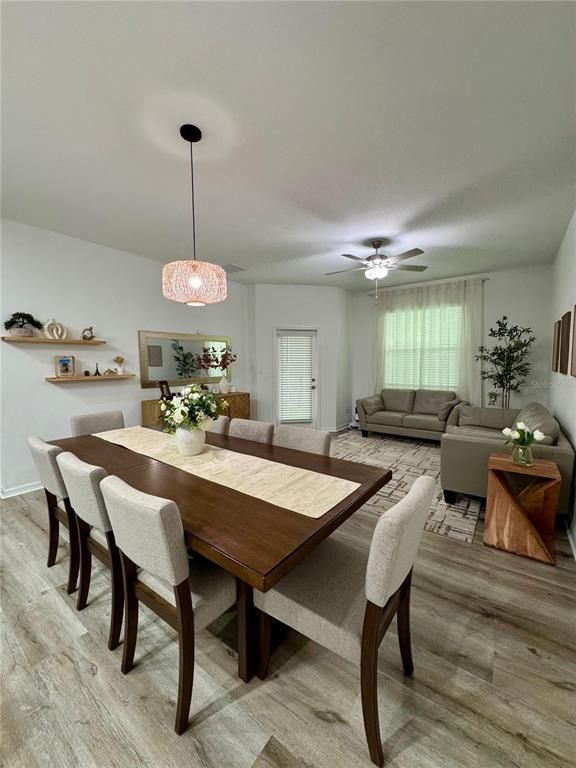 Dining room, Interior, Living room, Pendant Lights, Wood Texture Flooring