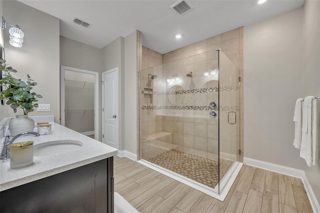 Bathroom, Glass Shower, Interior, Recessed Lighting, Wood Texture Flooring