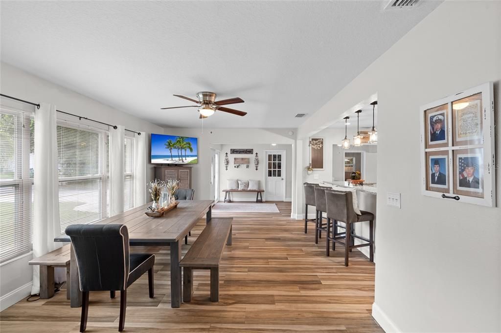 Dining room, Interior, Pendant Lights, Wood Texture Flooring