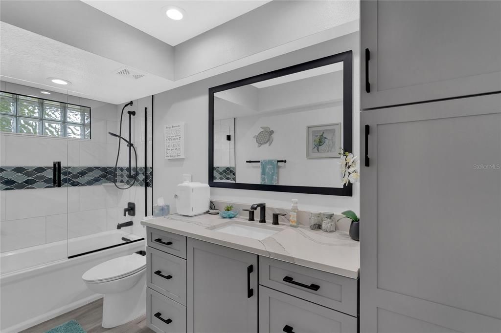 Bathroom, Interior, Recessed Lighting, Wood Texture Flooring
