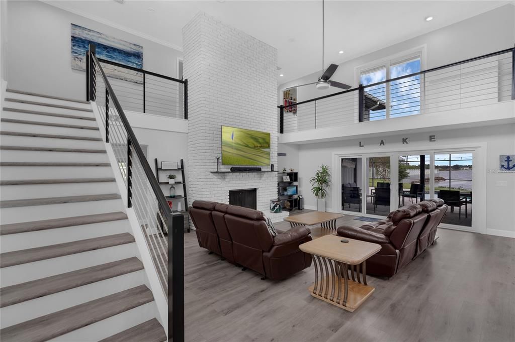 Fireplace, Interior, Living room, Pendant Lights, Recessed Lighting, Wood Texture Flooring