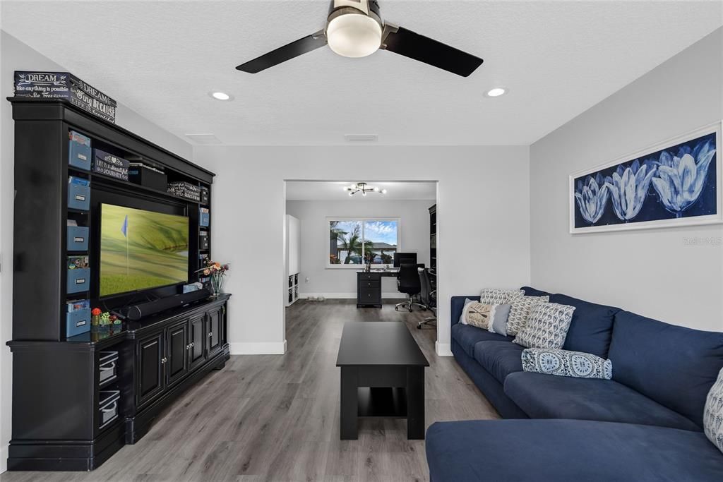 Home Office, Interior, Living room, Recessed Lighting, Wood Texture Flooring