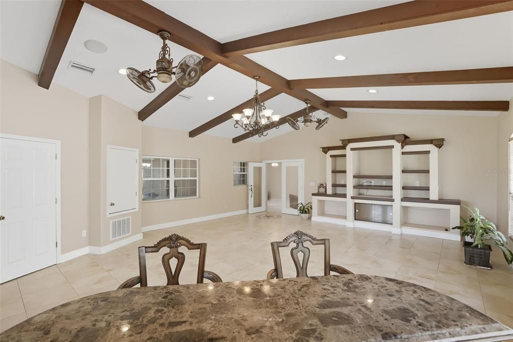 Chandelier, Dining room, Interior, Recessed Lighting, Wooden Beams