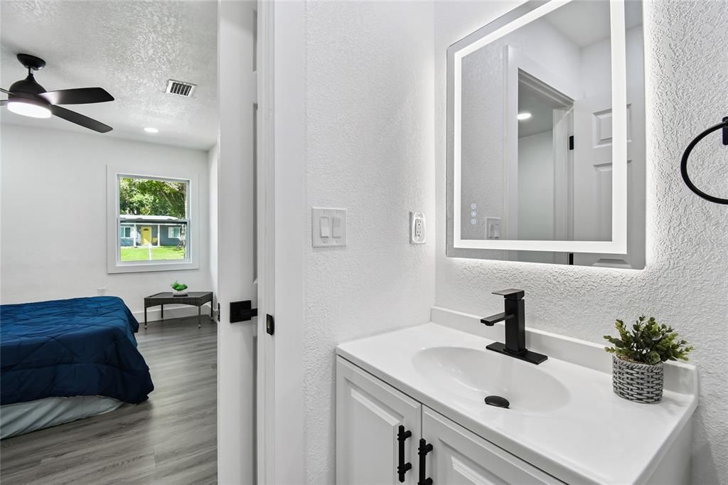 Bathroom, Interior, Recessed Lighting, Wood Texture Flooring