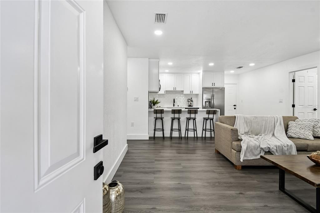 Interior, Kitchen, Living room, Recessed Lighting, Stainless Steel Appliances, Wood Texture Flooring